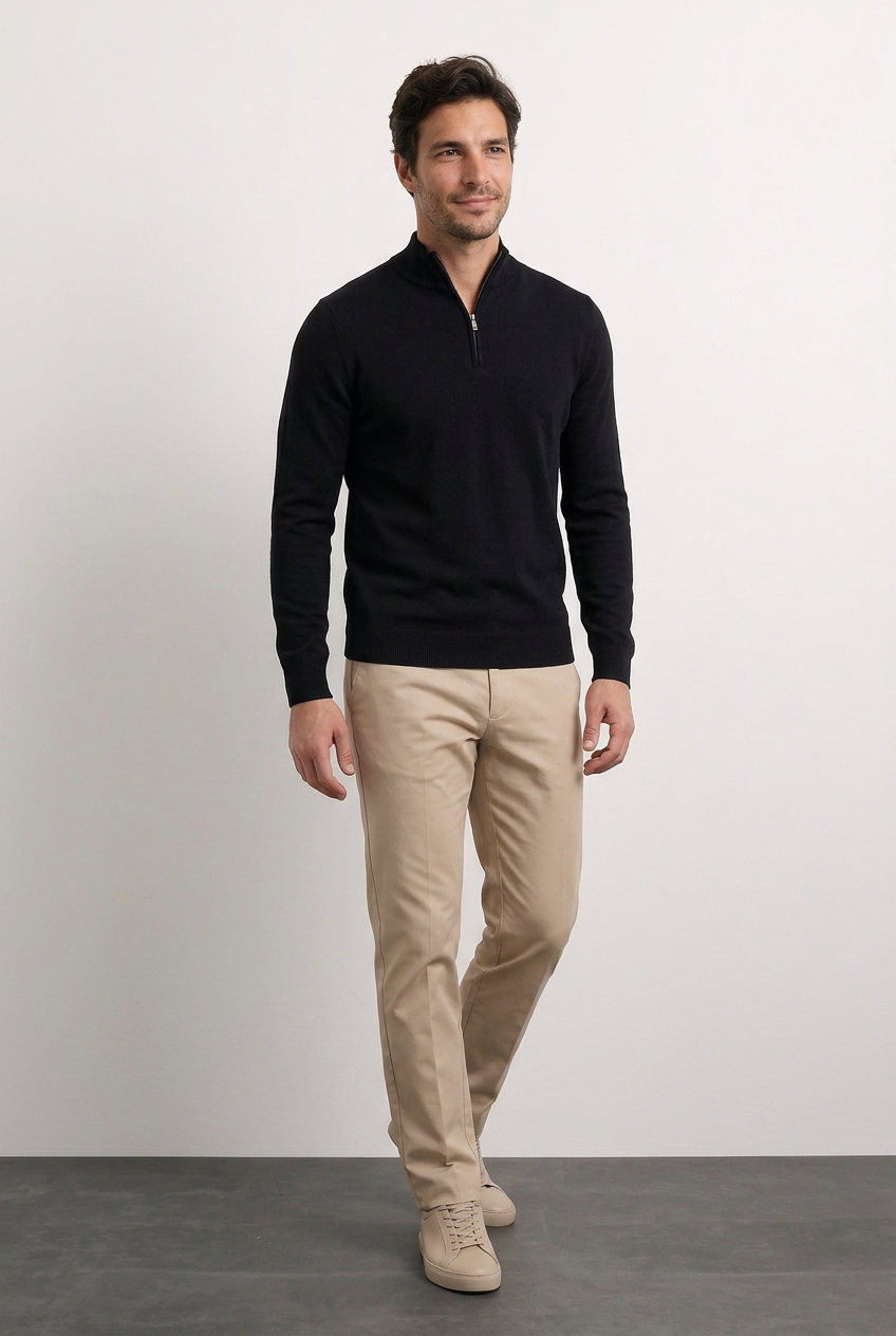 Bruno suéter negro con modelo caminando