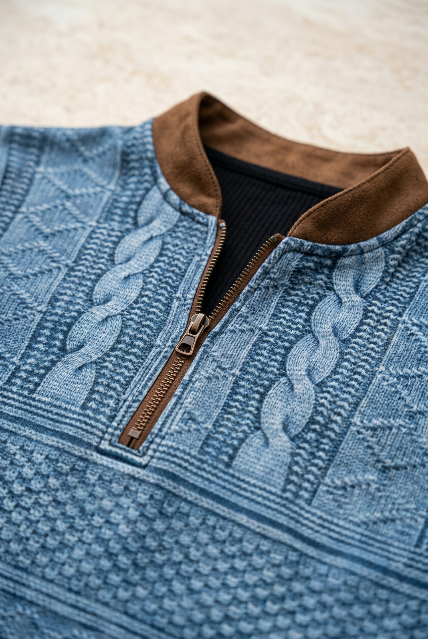 Detalle del cuello, cremallera y estampado de Lorenzo