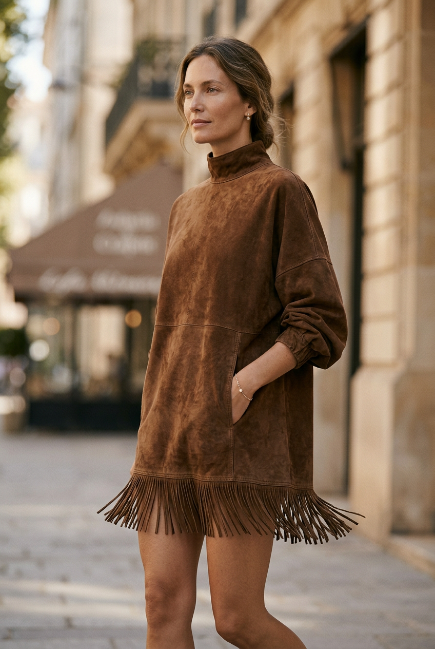 Vestido Gabriela efecto ante con cuello alto y flecos, plano medio en entorno urbano elegante