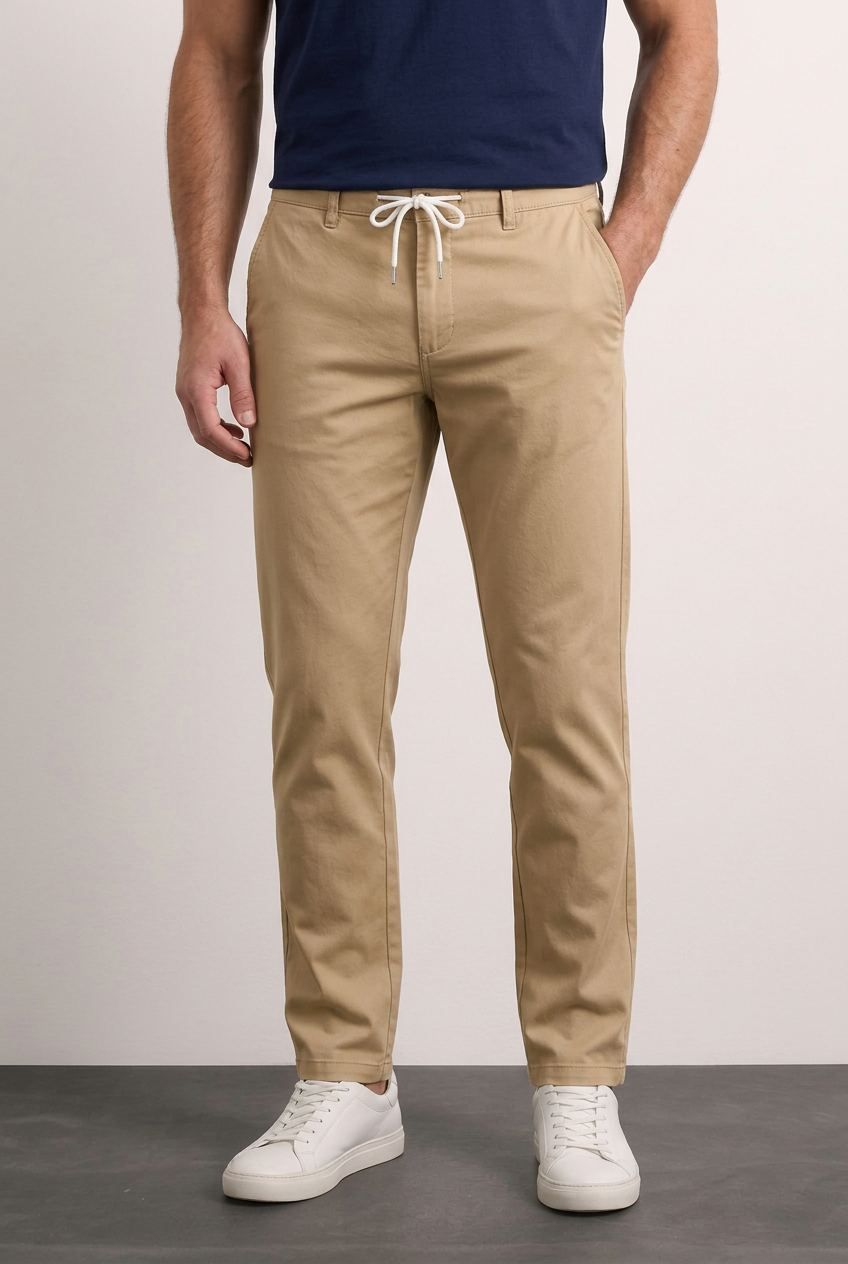 Benjamín pantalón beige con camiseta azul marino