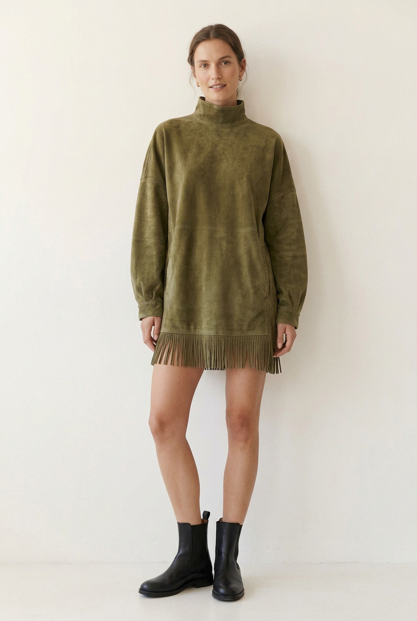 Vestido Gabriela verde oliva con modelo en pose de tres cuartos junto a una pared clara