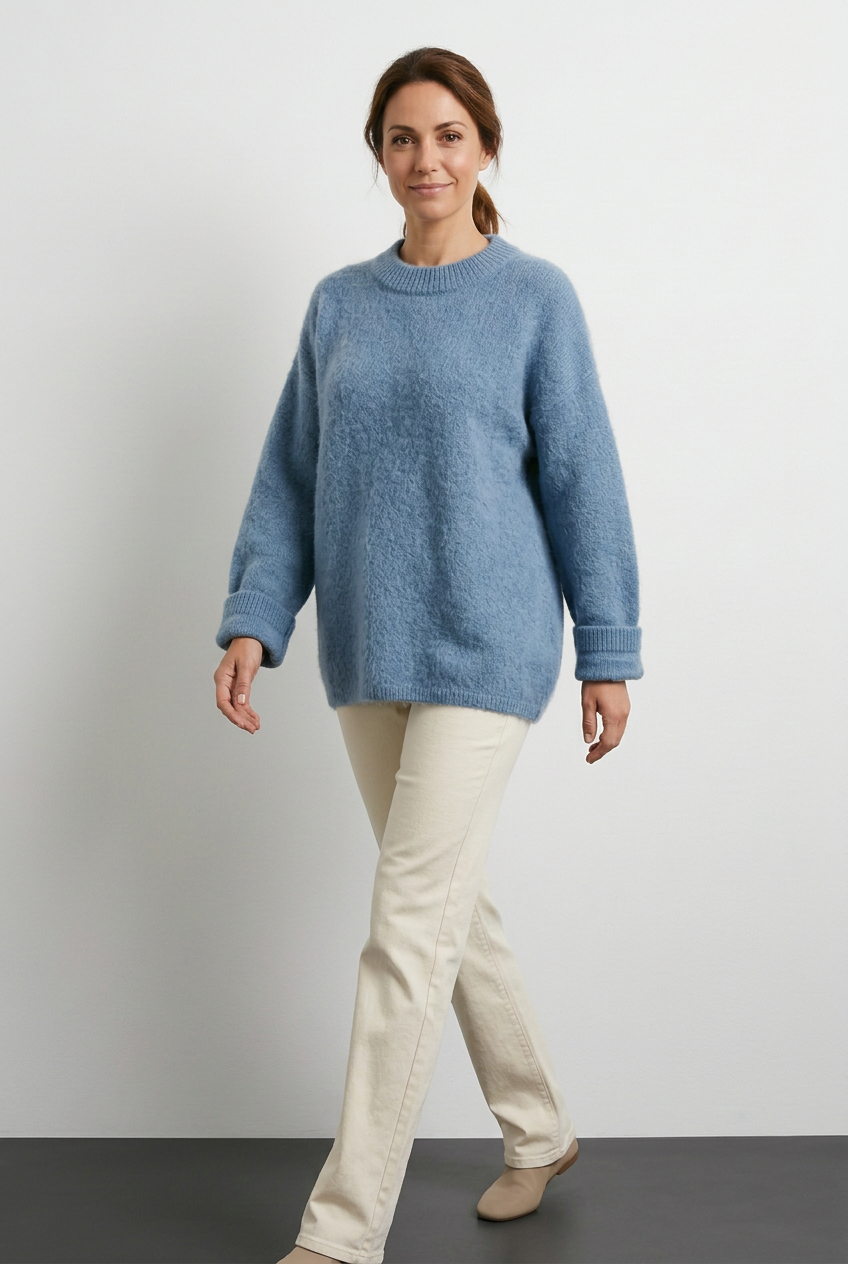 Valentina jersey azul con modelo caminando