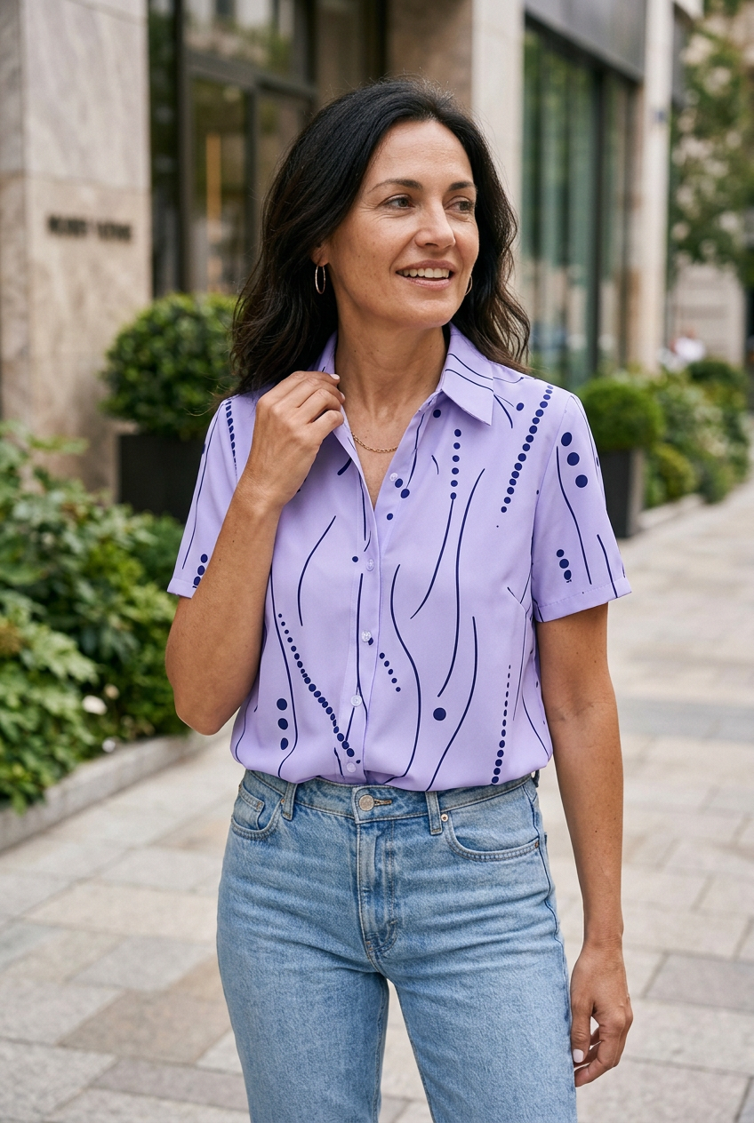 Adela blusa de estampado abstracto en morado, modelo ajustándose el cuello en entorno urbano