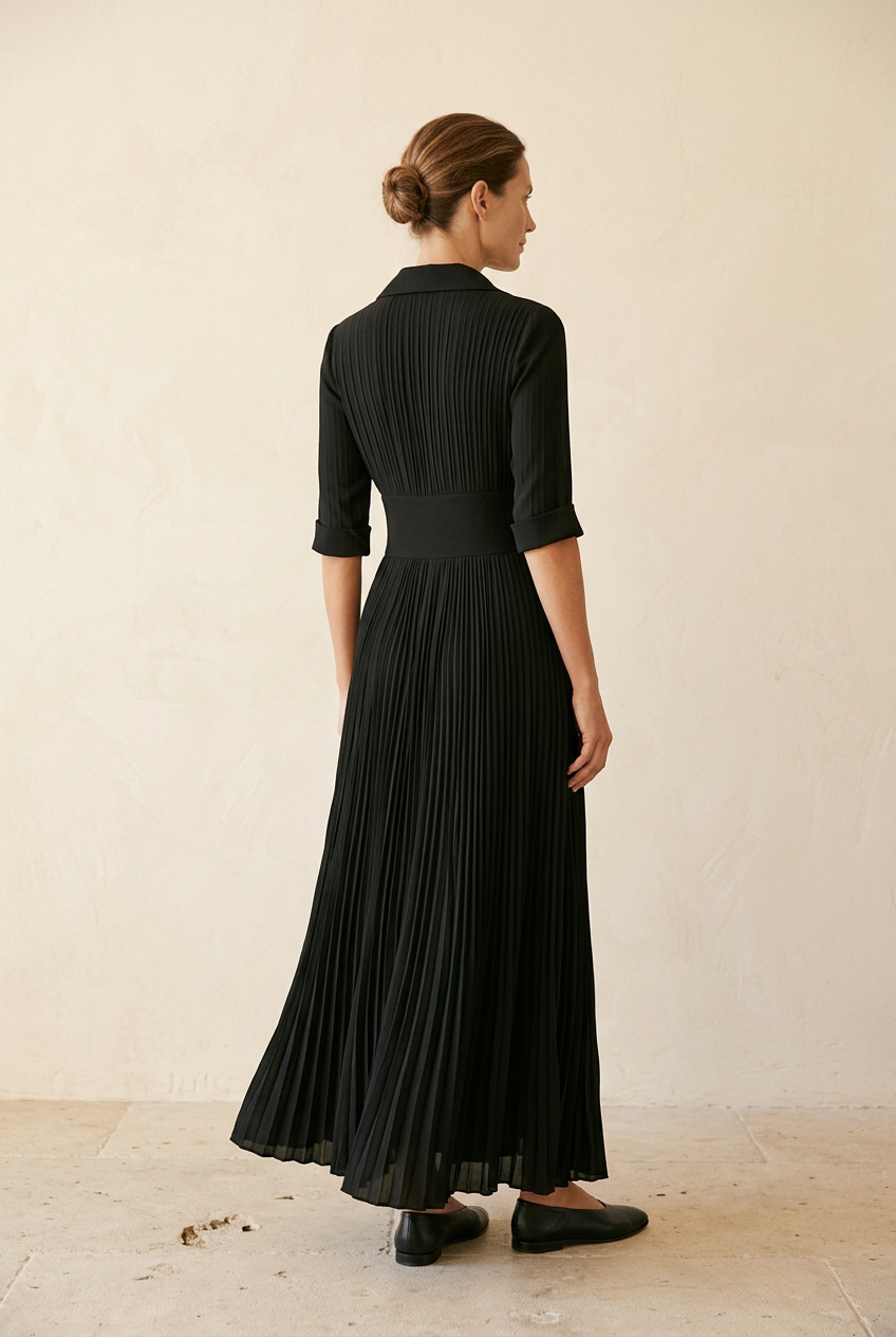 Vista trasera del vestido Elvira en un entorno claro minimalista