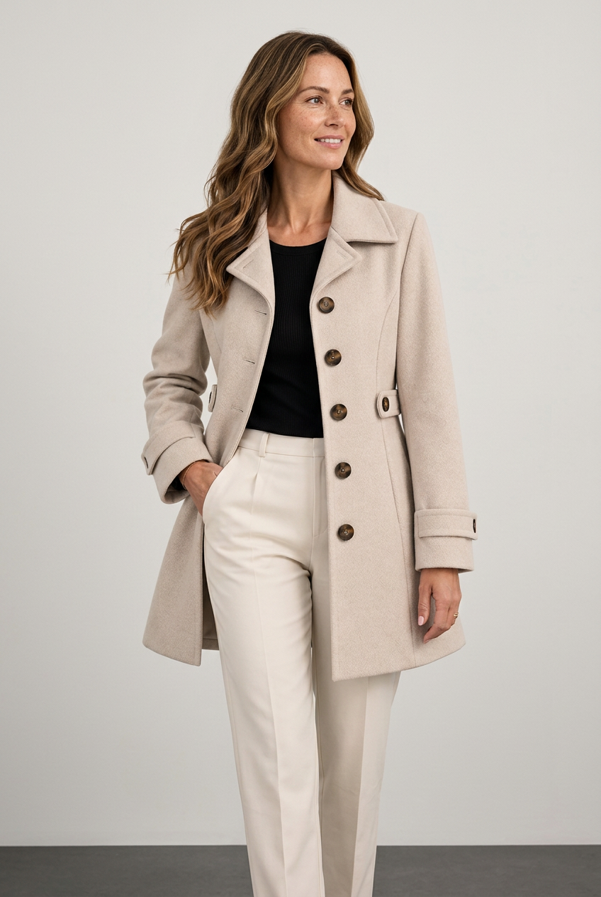 Raquel abrigo beige con modelo sobre fondo neutro