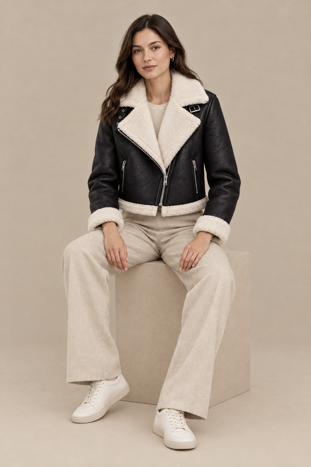 Modelo con chaqueta Laia sentada sobre fondo arena