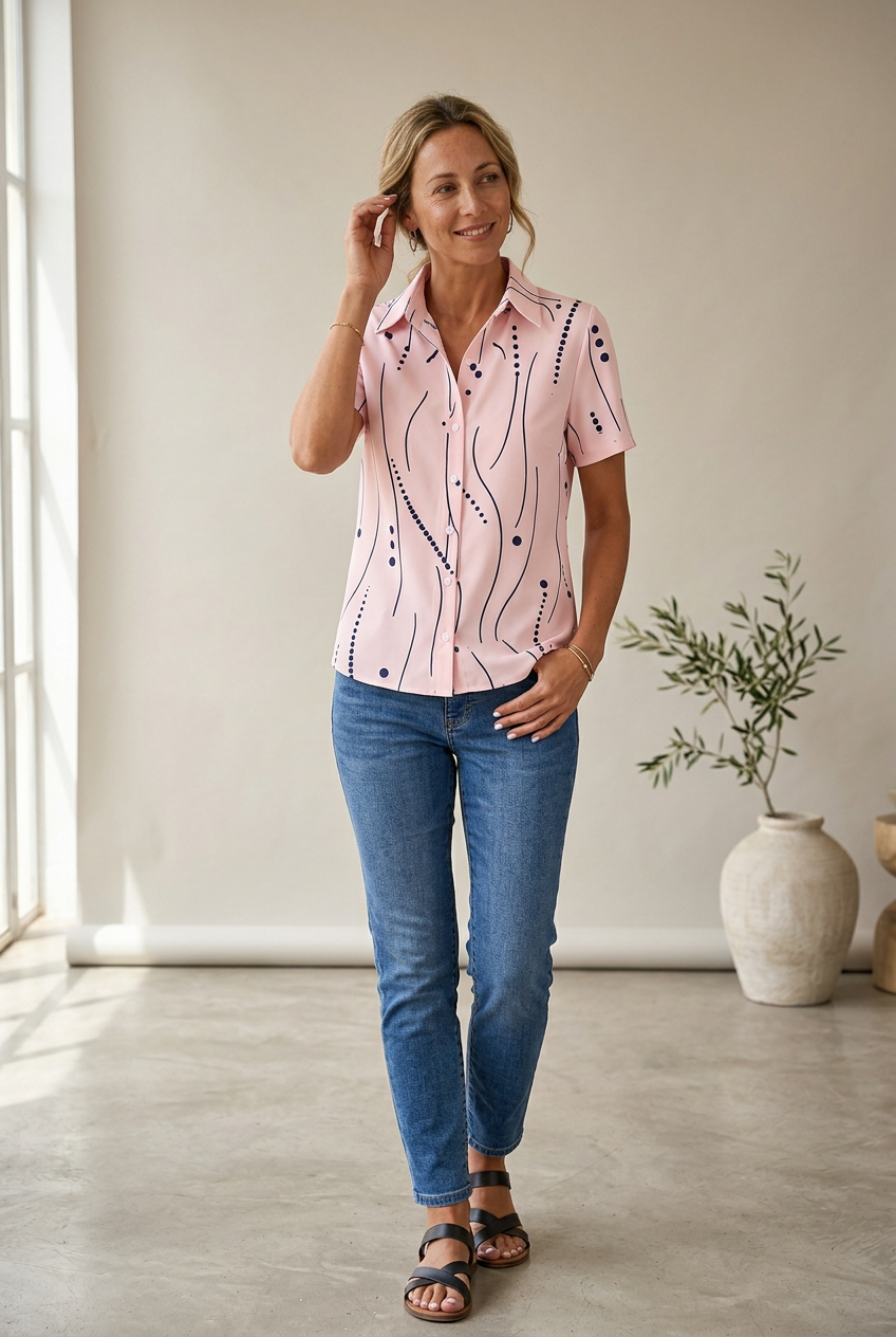 Adela blusa de estampado abstracto en rosa, modelo con pose natural en estudio minimalista