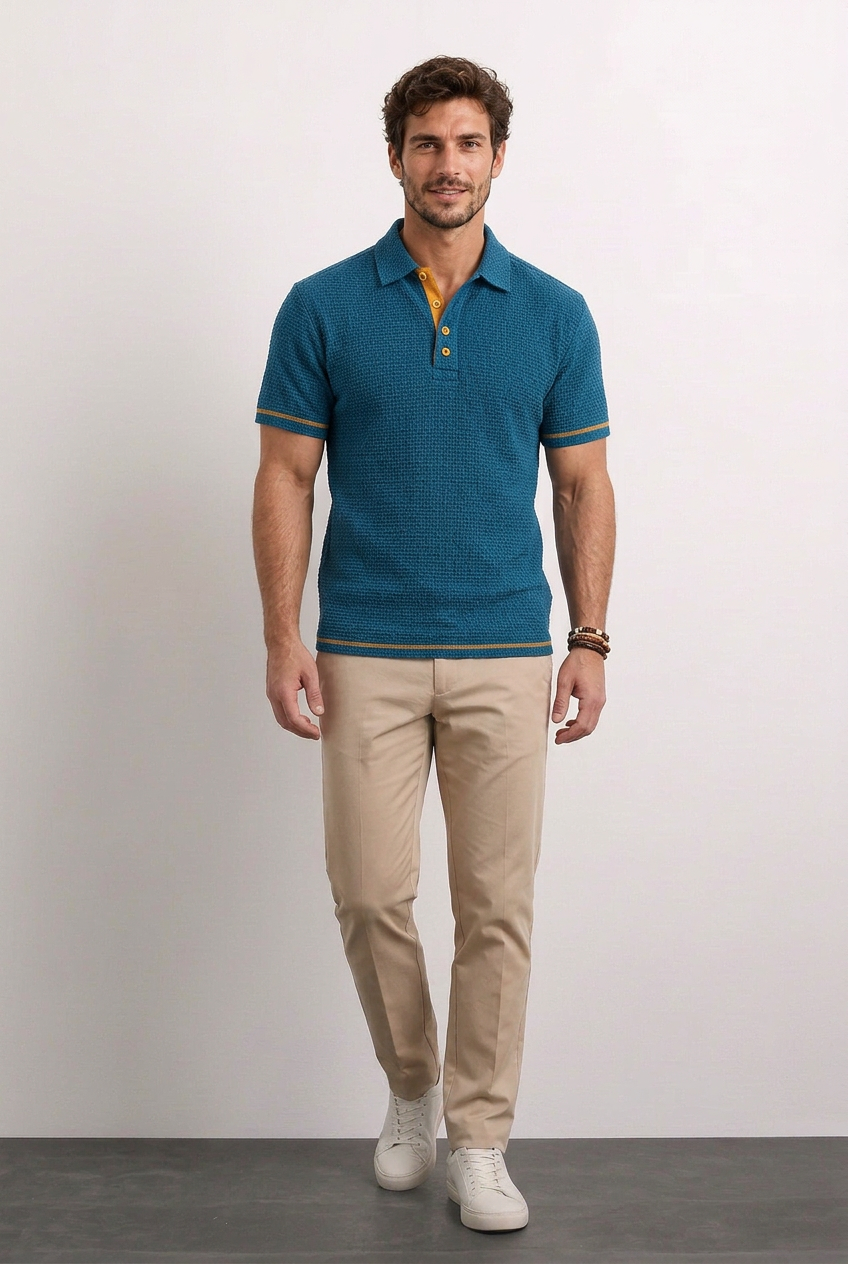 Enrique polo azul petróleo con modelo