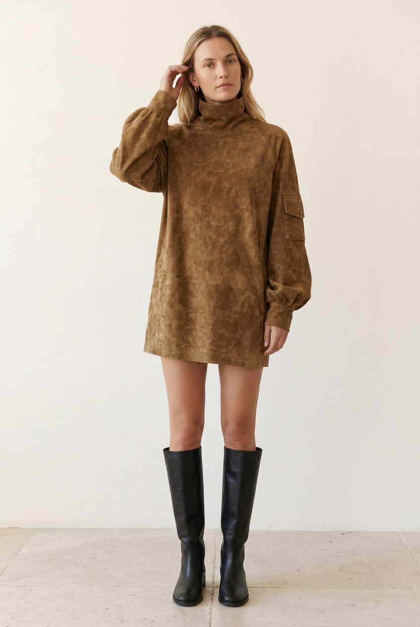 Vestido Begoña con modelo apartándose el pelo en un entorno claro