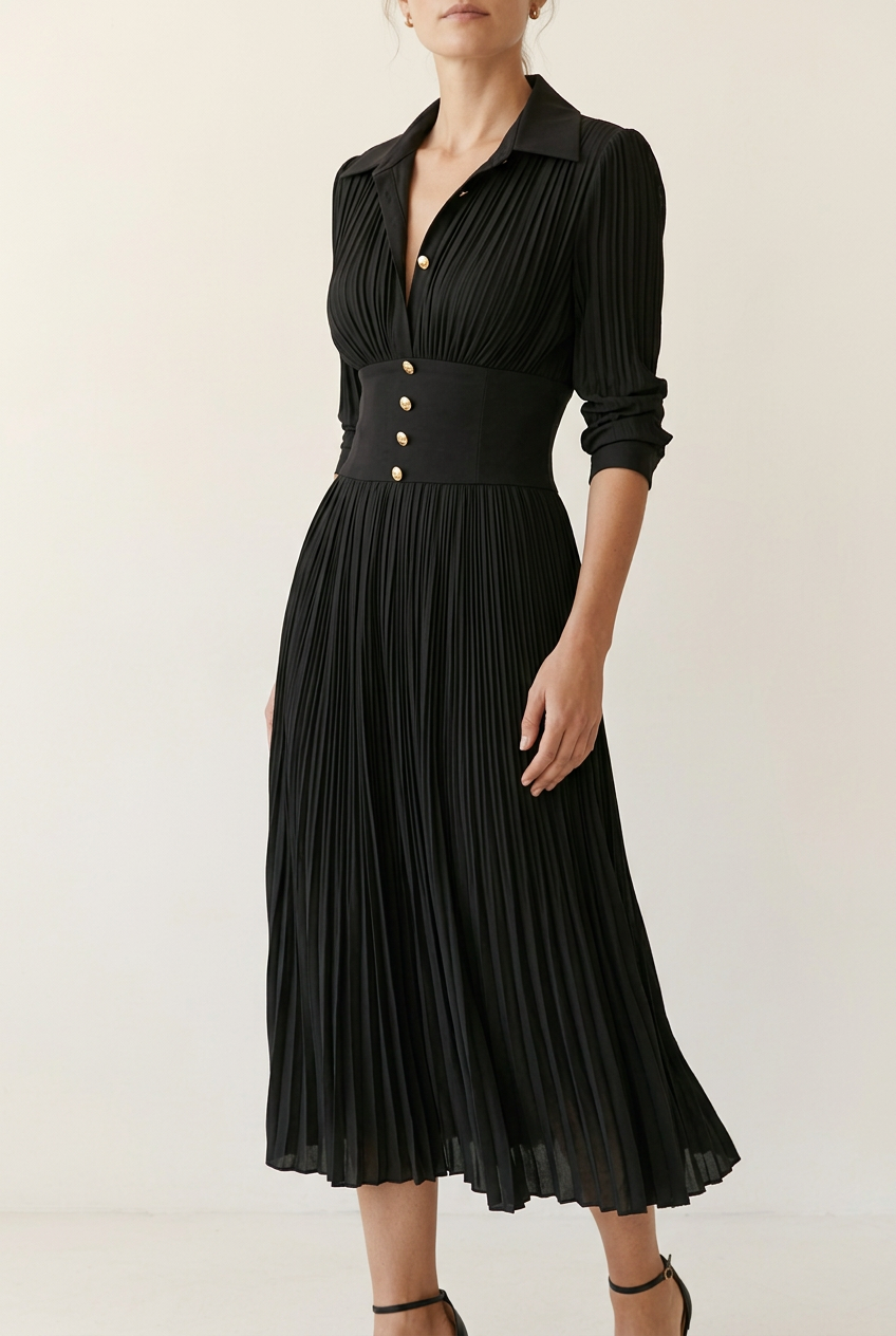 Detalle del plisado y los botones del vestido Elvira