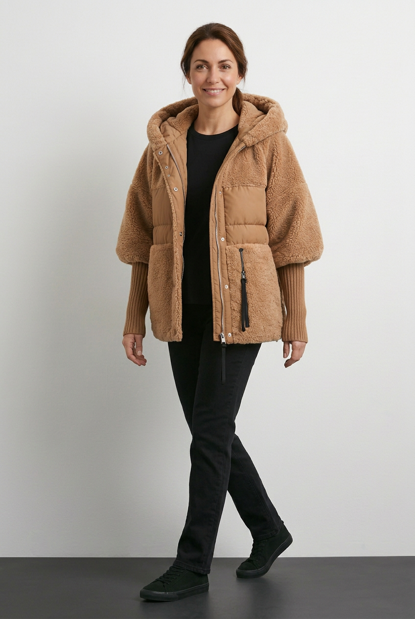 Alba abrigo camel con capucha y puños largos de punto con modelo sobre fondo neutro