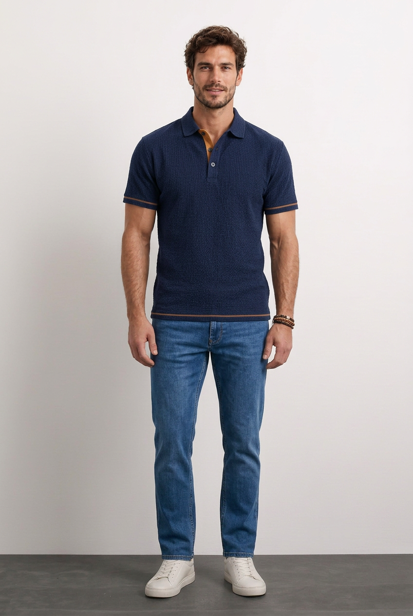 Enrique polo azul marino con modelo