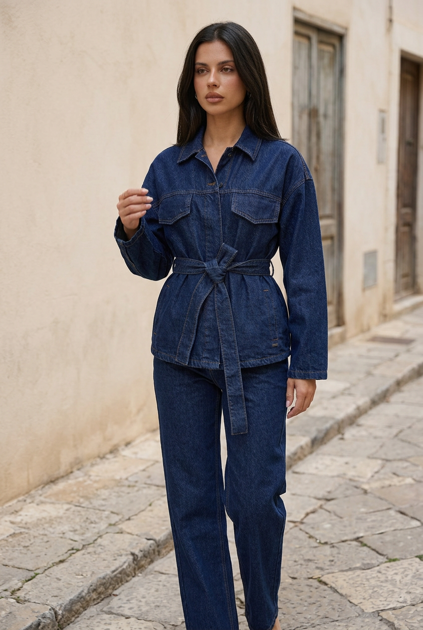 Adriana, conjunto vaquero azul índigo con modelo caminando en entorno mediterráneo