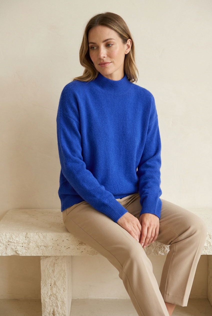 Jersey Virginia azul con modelo sentado