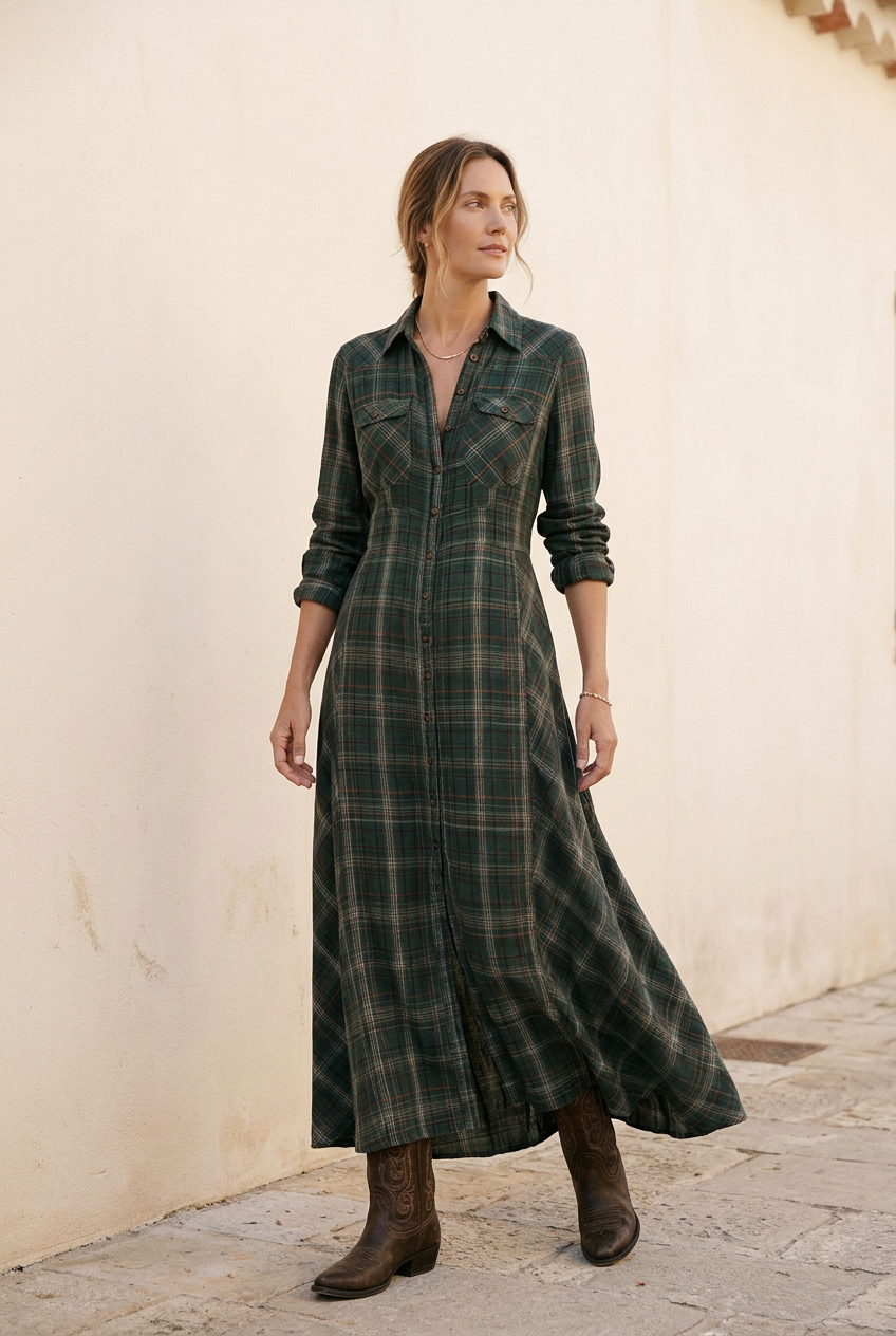 Vestido Verónica de cuadros con modelo en un giro suave