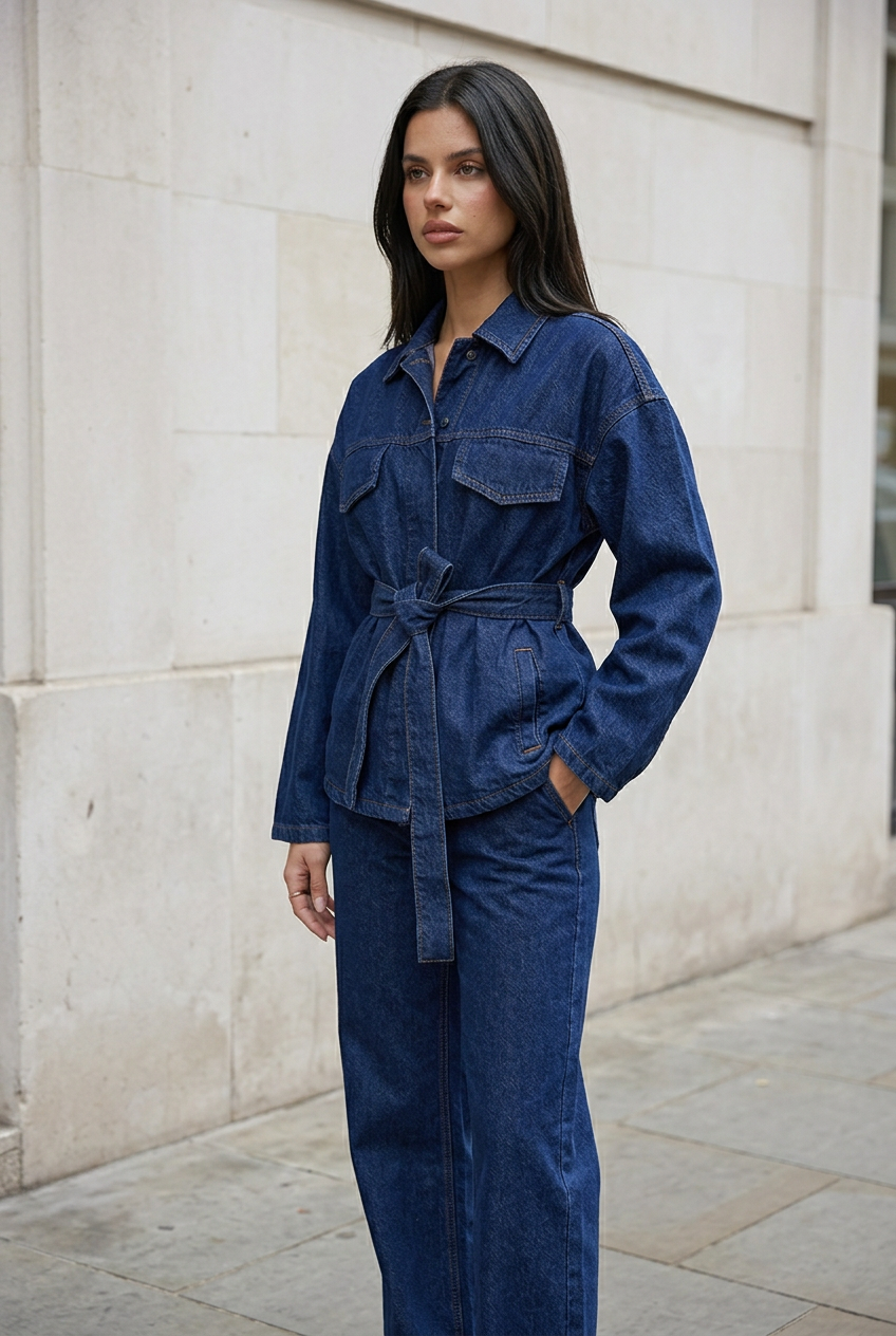 Adriana, conjunto vaquero azul índigo, vista lateral con modelo